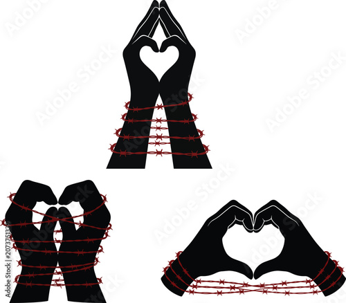 Human hands making heart shapes bound by thorny barbed wire in concept of forbidden love with forbidden struggle relationship restraint entangled separation conflict silhouette illustration
