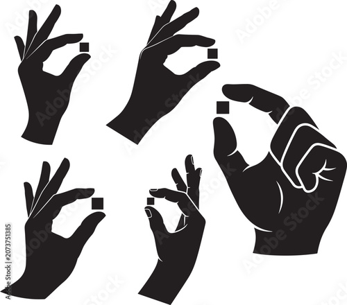 Set of silhouetted hands holding small square objects with silhouette precision grasping isolated illustration delicate attention business handling component manipulation accuracy elements