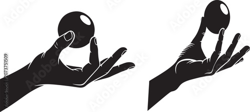 Set of two human hand silhouettes holding spheres with silhouette isolated minimalist creative interaction presentation illustration background material movement template
