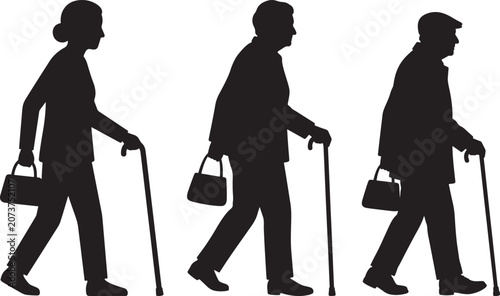 Three senior citizens walking with canes silhouette collection silhouette mobility lifestyle illustration isolated movement activity character seniority physical accessible maturity