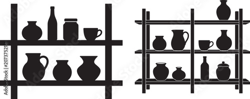 Kitchen shelves with pottery and ceramic vases silhouette icons ceramics silhouette interior houseware crockery illustration collection organizer minimalist decoration background