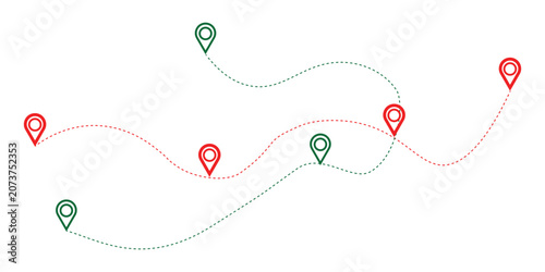Tableau sur toile Minimalist map route with red and green location pins, dotted line path tracking