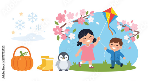 A vector illustration featuring children flying a kite amidst cherry blossoms, alongside seasonal elements like snow, a pumpkin, and a penguin.