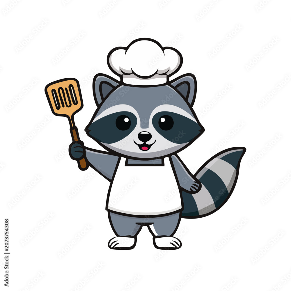 Fototapeta premium Cartoon raccoon chef holding spatula