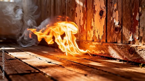 Flames on wooden floor near wall