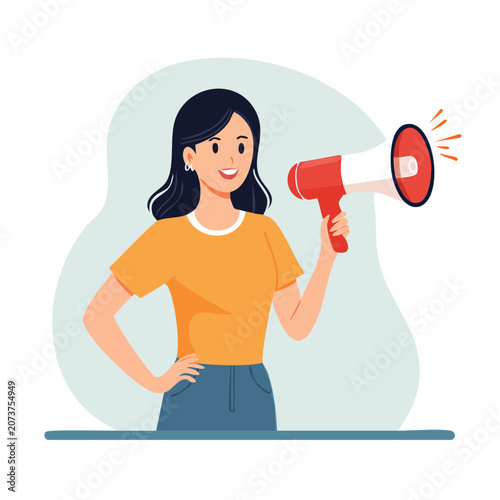 Woman holding megaphone, flat vector illustration