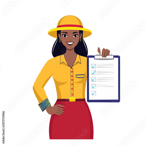 Woman holding clipboard with checklist, flat vector illustration