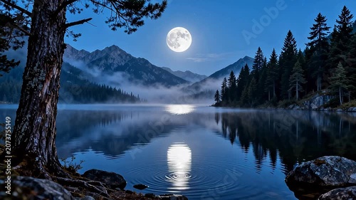 Moonlit lake with mountains and trees