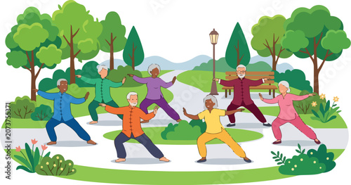 Senior citizens practicing tai chi in a park on a sunny day outdoors