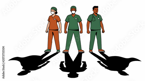 Diverse Medical Team with Superhero Shadows, Flat Vector Illustration of Two Women and One Man in Scrubs and Masks, Representing Strength and Heroism