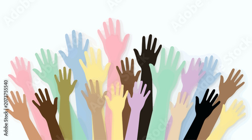 Diverse Hands Raised in Various Skin Tones and Colors on White Background, Flat Vector Illustration Symbolizing Unity, Equality, and Teamwork with Copy Space