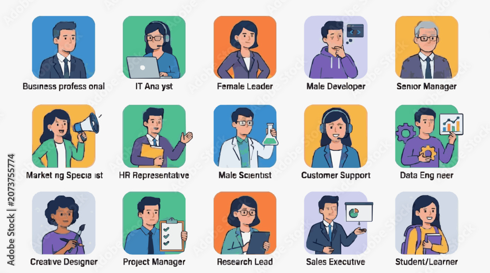 Fototapeta premium Professional Illustrated Icons Showcasing Diverse Work Roles with Gender Inclusive Representation and Colorful Backgrounds