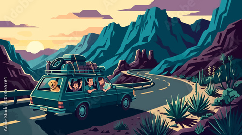 Family and Dog Road Trip Adventure in Desert Mountains at Sunset, Flat Travel Illustration Style with Luggage on Roof