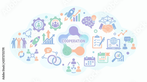 Flat Design Business Cooperation Icons: Teamwork, Brainstorming, Project Launch, Collaboration, Growth, Analysis and Planning Concepts.