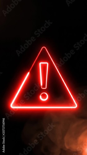 Glowing Red Neon Exclamation Mark Triangle Symbol as a Cyber Security Warning Video Overlay and System Failure Alert