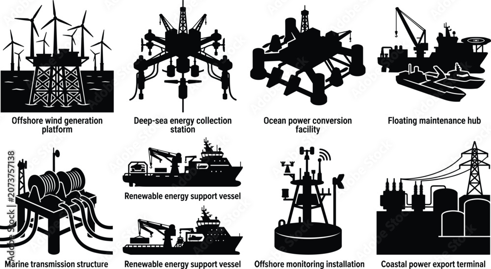 Obraz premium Offshore Renewable Energy Infrastructure Silhouette Collection with Wind Platforms Marine Support Vessels Monitoring and Coastal Power Systems