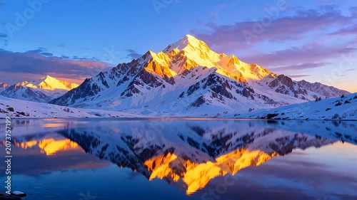 Snowy mountain peak at sunset with lake reflection