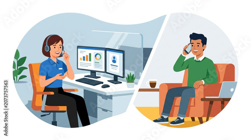 A female customer service agent with headset speaks on phone at desk with monitors, while a man talks on phone in armchair with laptop, illustrating remote communication