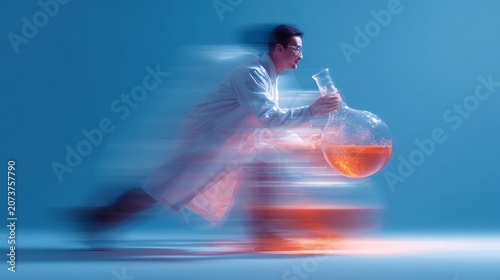 An Asian male scientist in a lab coat is in motion, carrying a large flask filled with a vibrant orange liquid, creating a dynamic scene.