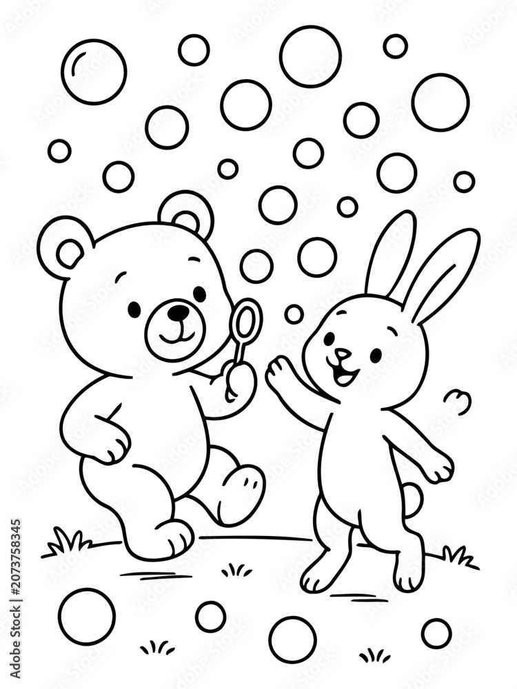 Naklejka premium Cute bear and rabbit blowing bubbles