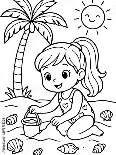 Child at the Beach Playing with Shells: A happy young girl in a swimsuit builds a sandcastle on a sunny beach, surrounded by seashells and a palm tree, depicted in a charming illustration style.