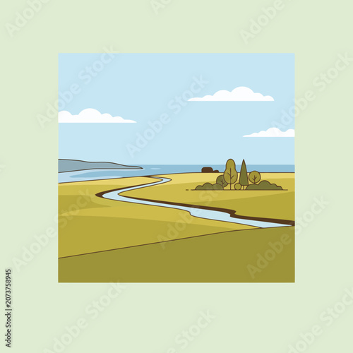 A peaceful river flows through a vast golden meadow