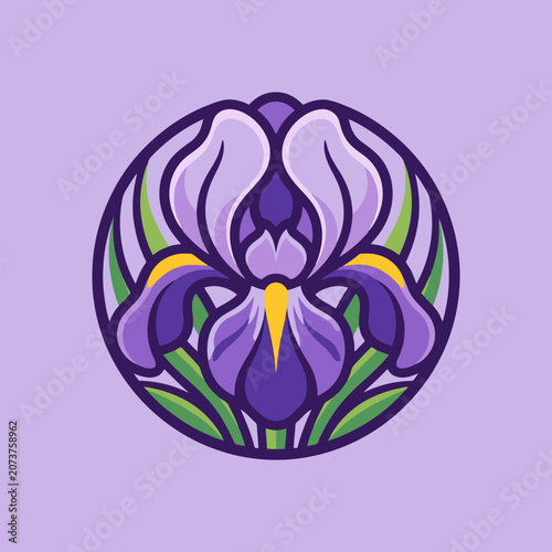 A stylized purple iris flower icon on a soft lavender background