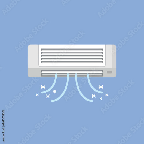 A modern wall mounted air conditioner blowing cold refreshing air
