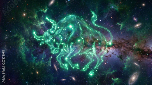 An abstract bull constellation shining brightly with emerald stars in deep space dazzles