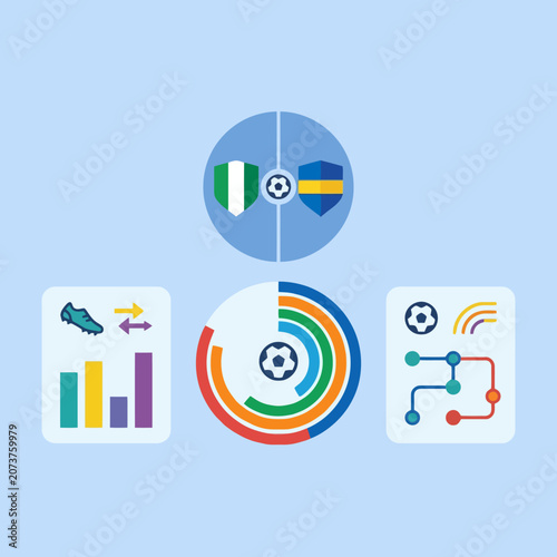 Flat vector icons showing soccer match statistics and data