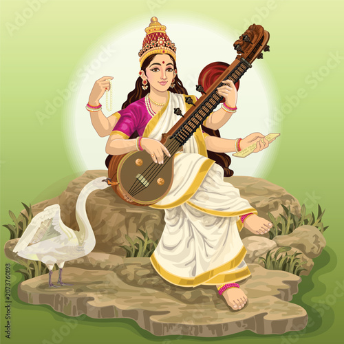 Indian Goddess Saraswathi in sitting Pose with Swan