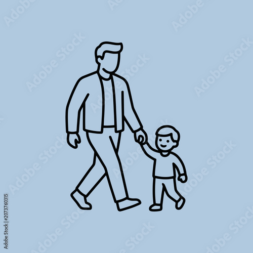 A simple line drawing of a father walking with his young son