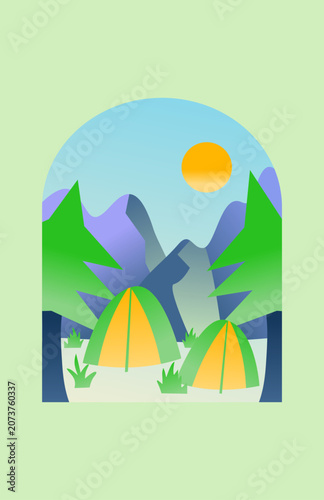 Modern summer camping poster featuring a colorful gradient camping tent with mountain landscape background. Perfect for travel promotions, outdoor adventure events, hiking campaigns, camping festivals