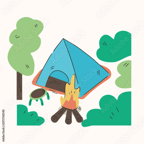 Minimal thin outline vector illustration of a camping tent in a scenic outdoor setting for a summer travel poster. Ideal for camping events, hiking promotions, adventure tourism etc.