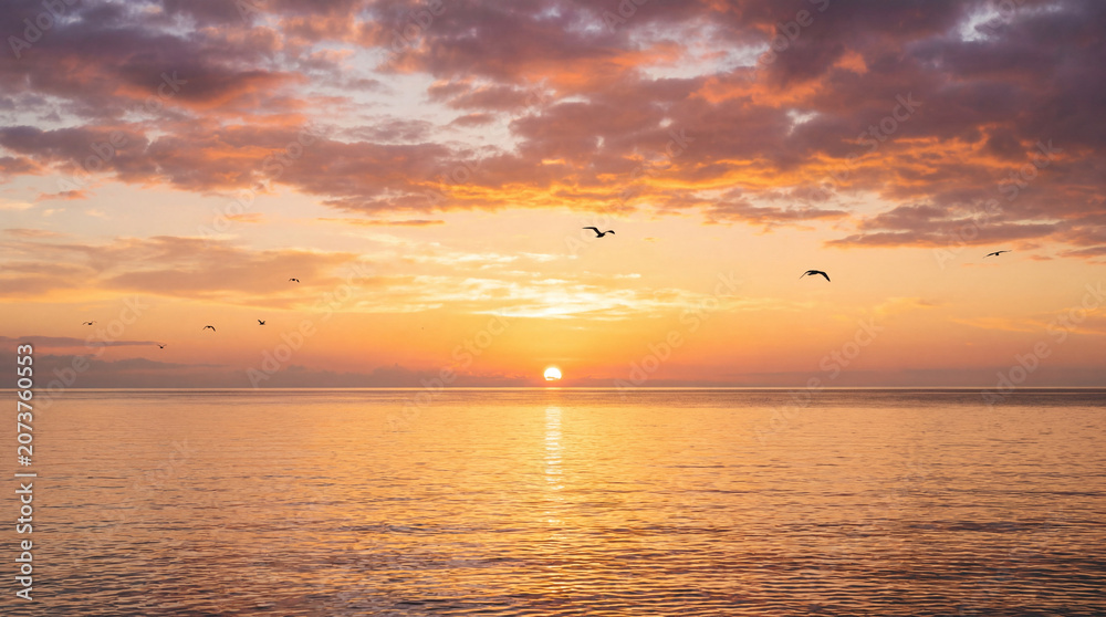 Fototapeta premium Sun breaking horizon over calm ocean classic sunrise no human brand seascape