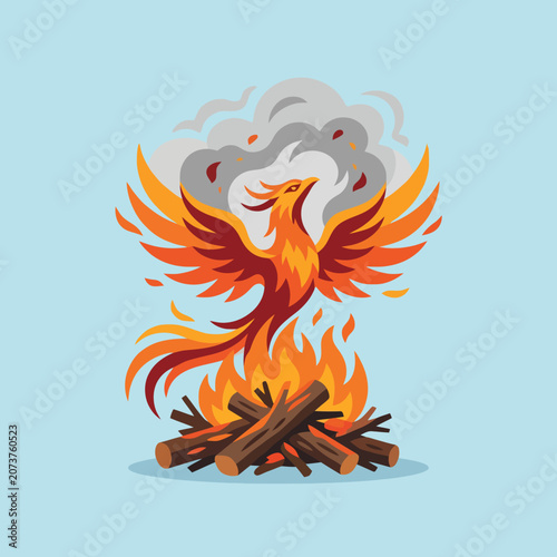 A mythical phoenix rises from a burning campfire