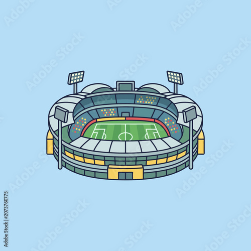 A colorful illustration of a modern outdoor sports stadium