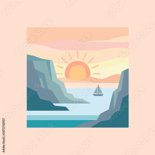 A flat vector illustration of a sunset over the sea