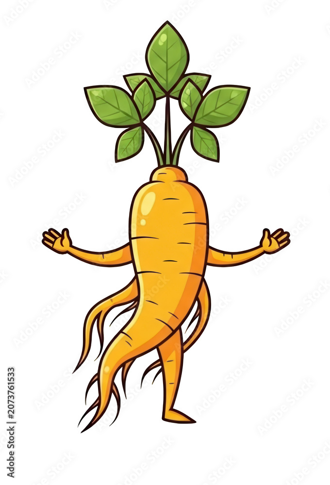Fototapeta premium Cartoon ginseng root character with arms outstretched, symbolizing health and vitality