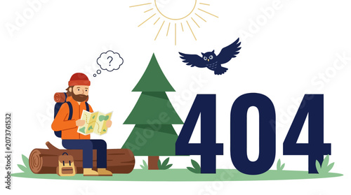 Canvastavla A hiker sits on a log in a forest, contemplating with a thought bubble near trees and a flying bird