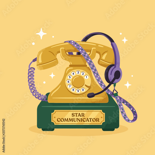 Φωτογραφία Vintage yellow telephone with purple headset on green base indoors with star com