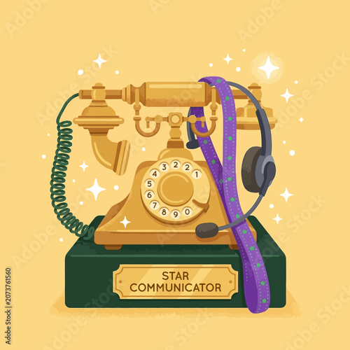 Φωτογραφία A star communicator award featuring a vintage gold telephone with a headset on