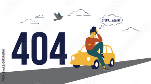 Tableau sur toile Man sitting on a yellow car on a road with a 404 error message appearing