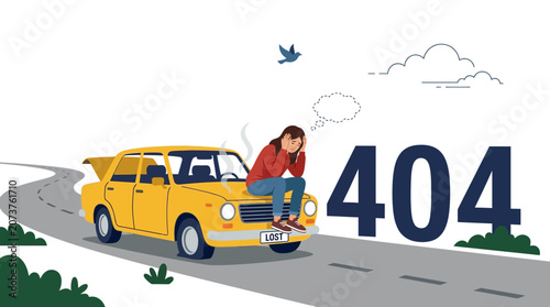 Obraz na płótnie A man checks a broken down yellow car on a winding road with a 404 error sign