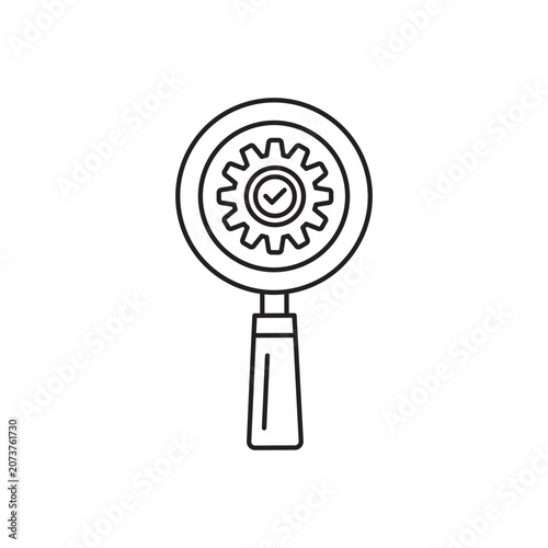 linear gear with magnifying glass like identify icon. stroke trend modern cog wheel logotype graphic design isolated on white. concept of detail diagnose symbol or sufficient assessment in science