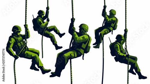Foto Five Flat Design Soldier Silhouettes Rappelling Down Ropes in Military Training
