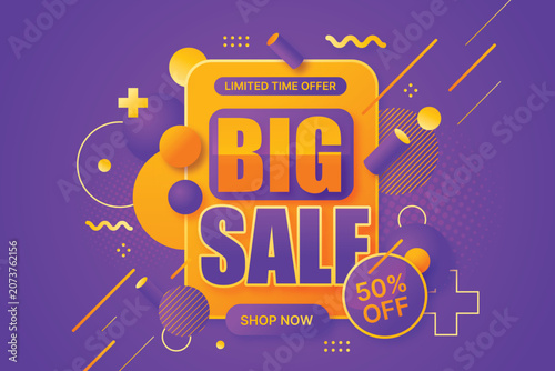 Big Sale Promotional Banner with Purple Background and 50 Percent Discount. Colorful Discount Promotion Banner for Online Shopping Campaign
