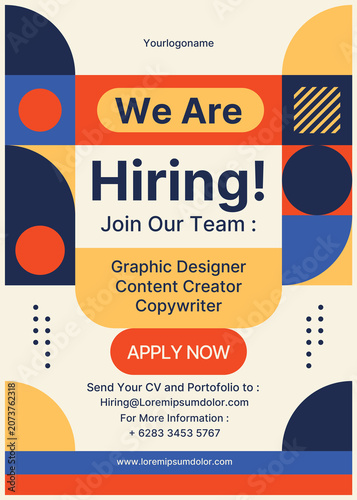 Modern We Are Hiring Poster Template with Orange and Navy Geometric Design. Professional Job Vacancy Flyer with Modern Geometric Layout. Creative Recruitment Flyer with Bold Typography and Abstract
