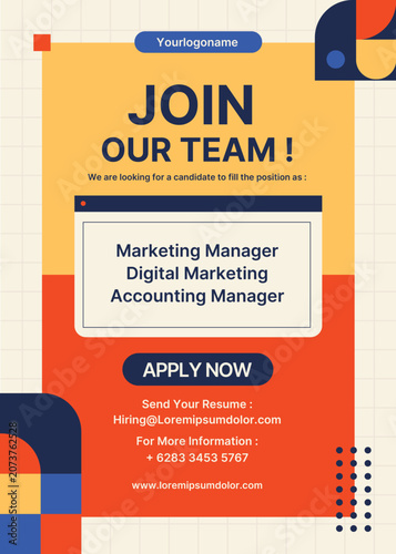Join Our Team Hiring Poster Template with Orange and Navy Geometric Design. Modern Recruitment Flyer Template with Bold Orange Background