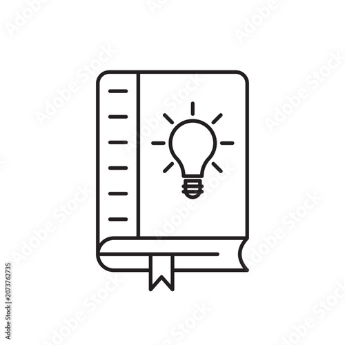 thin line book and lightbulb like abstract black icon. concept of business literature publishing or bookstore pictogram. linear trend modern brochure info logotype design element isolated on white
